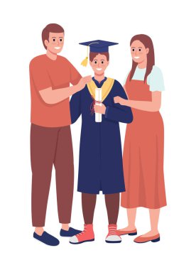 Ebeveyn ve oğul alumnus yarı düz renk vektör karakterler. Ayakta duran figürler. Beyazın üstüne tüm vücudu olan insanlar. Mezuniyet töreni web grafik tasarımı ve animasyonu için basit çizgi film stili çizimi