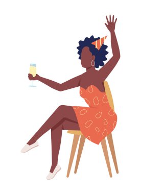 Doğum günü kadını yarı düz renk vektör karakteriyle eğleniyor. Oturan bir figür. Beyazın üzerinde tam vücut insan. Web grafik tasarımı ve animasyonu için basit karikatür stili illüstrasyonuName
