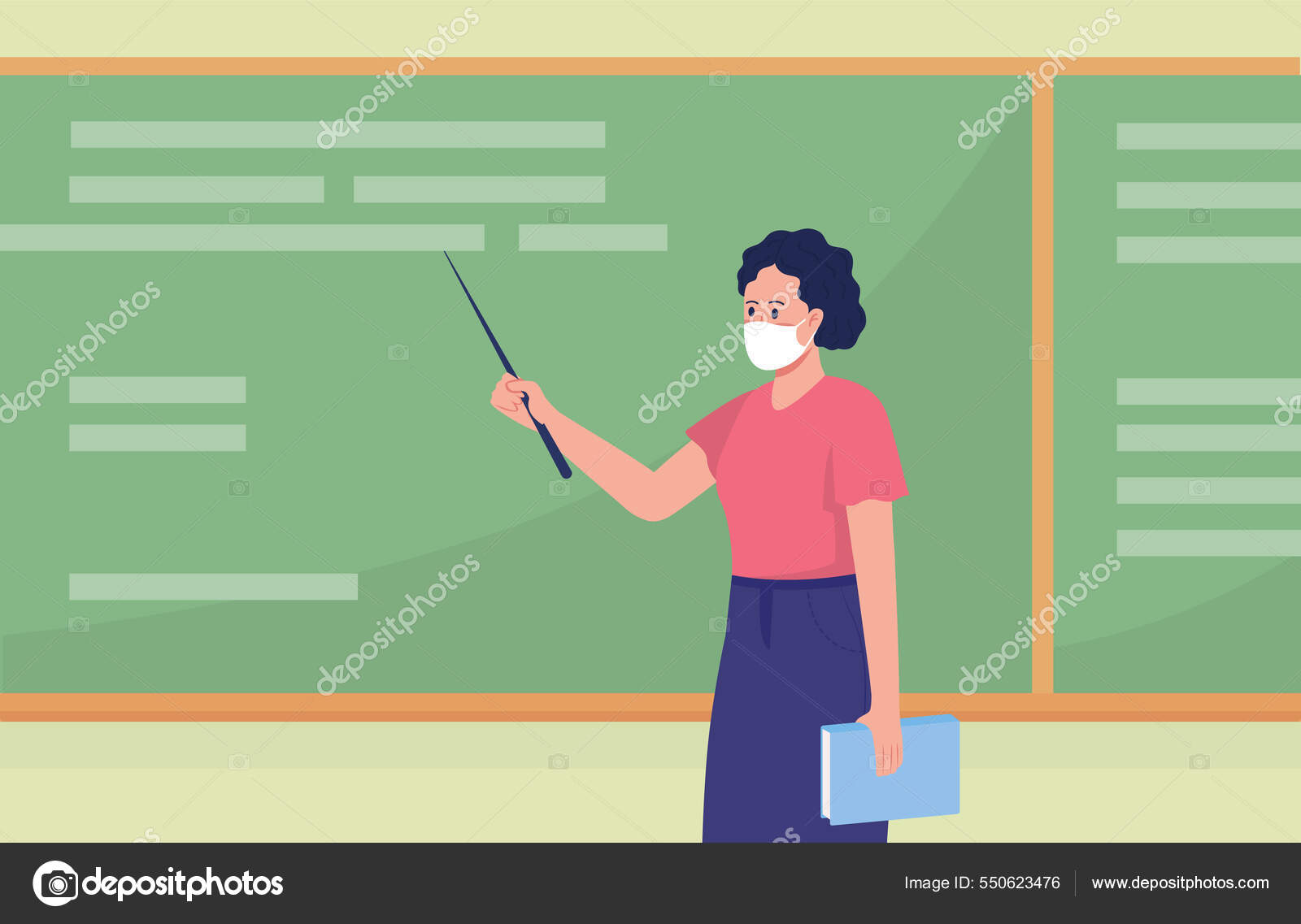 学校教師フラットカラーベクトルイラスト 教育機関 子供たちが知識を得るのを助ける 高校の授業だ  顔のマスクで教育者2D背景に黒板とシンプルな漫画のキャラクター ストックベクター ©IMG visuals characters 550623476, image size:1600x1137