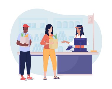 Kızgın müşteri 2D vektörü çizimi izole etti. Dükkan alıcısı. Kadın karikatür arka planında tahriş edici düz karakterler hissediyor. Cep telefonu, web sitesi, sunum için süpermarket kavgası renkli sahne