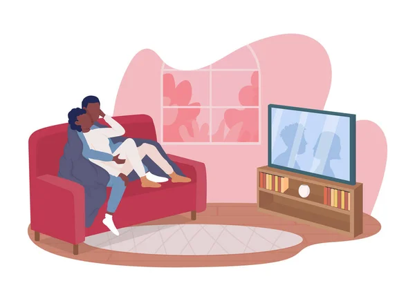 客厅里可爱的夫妇2D矢量孤立的插图 男人和女人看电视 卡通片背景上的一对浪漫的平面人物 演示节目多彩的日期 — 图库矢量图片