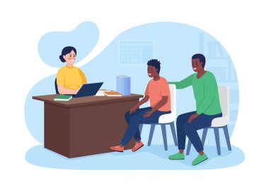 Ebeveyn 2D vektör izole resimli müdürlük ofisinde. Çizgi film arkaplanındaki resmi düz karakterler. Mobil, web sitesi, sunum için müdire odası renkli sahne