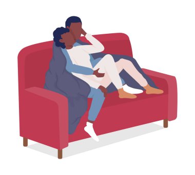 Koltukta oturan çift yarı düz renk vektör karakterler. Oturan figürler. Beyazın üstüne tüm vücudu olan insanlar. Web grafik tasarımı ve animasyonu için romantik tarih basit çizgi film stili çizimi