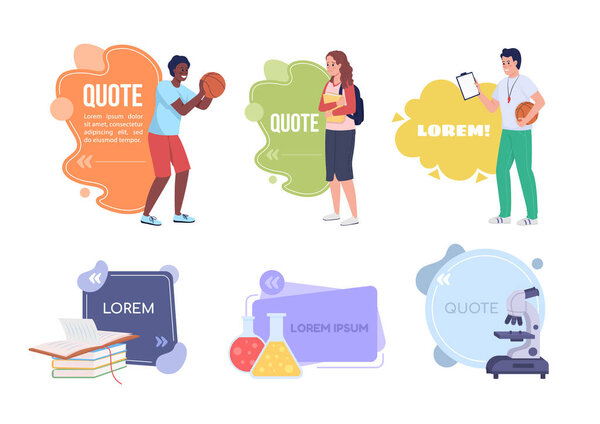 High school life quote textbox with flat characters set. Students and equipment. Education. Speech bubbles with creative cartoon illustration. Color quotations isolated on white background