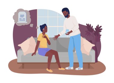 Ölüm fobisi 2D vektör yalıtımı. Kadının karikatür arka planında panik atak karakterleri var. Cep telefonu, web sitesi ve sunum için babaya güven veren renkli sahneler. Kullanılan Bebas Neue yazı tipi