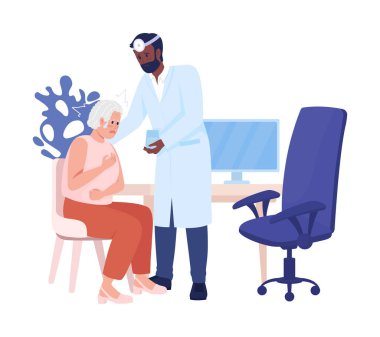 Tıbbi atamada panik atak, yarı düz renk vektör karakterler. Poz figürü. Beyazın üstüne tüm vücudu olan insanlar. Web grafik tasarımı ve animasyonu için basit çizgi film stili çizimi