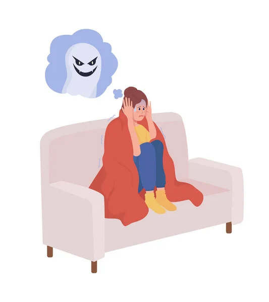 Watching horror movie semi flat color vector character. Sitting figure. Full body person on white. Intense fear simple cartoon style illustration for web graphic design and animation