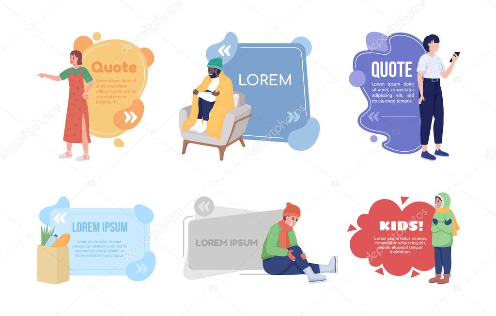 Life situations quote textbox with flat characters set. Winter dangers. Cold weather and injuries. Speech bubbles with creative cartoon illustration. Color quotation isolated on white background.