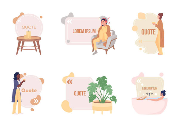 Hygge style quote textbox with flat characters set. Scandinavian lifestyle. Relaxing time. Speech bubbles with creative cartoon illustration. Color quotations isolated on white background