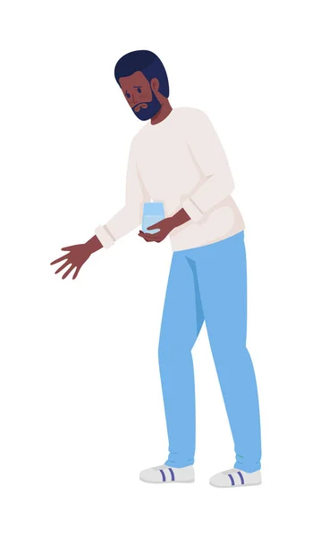 男人拿着水杯的半平色矢量特征 站立的身材 全身白皙的人在网页平面设计和动画中采用同情简单的卡通风格图解 — 图库矢量图片