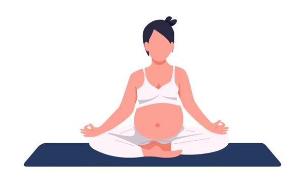 坐在瑜伽中的孕妇摆出了半扁平的颜色矢量角色 全身白皙的人用于网页平面设计和动画的健康怀孕简单卡通画 — 图库矢量图片