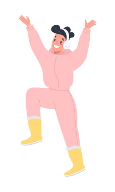 Kulaklıklı, yarı düz renk vektör karakterli, zıplayan kız. Beyazın üzerinde tam vücut insan. Zumba egzersizi. Web grafik tasarımı ve animasyonu için basit bir çizgi film stili çizimi