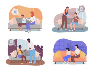 Panik atak, depresyon 2D vektör izole çizim. Karikatür arka planındaki zihinsel bozukluk düz karakterler. Mobil, web sitesi ve sunum için panik atak sahnesi. Kullanılan Bebas Neue yazı tipi