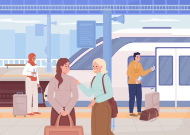 Tren istasyonunda insanlar düz renk vektör çiziminde bekliyorlar. Modern şehir yaşam tarzı. Tren istasyonunda. Halka açık. Yolcular: 2D basit karikatür karakterleri.