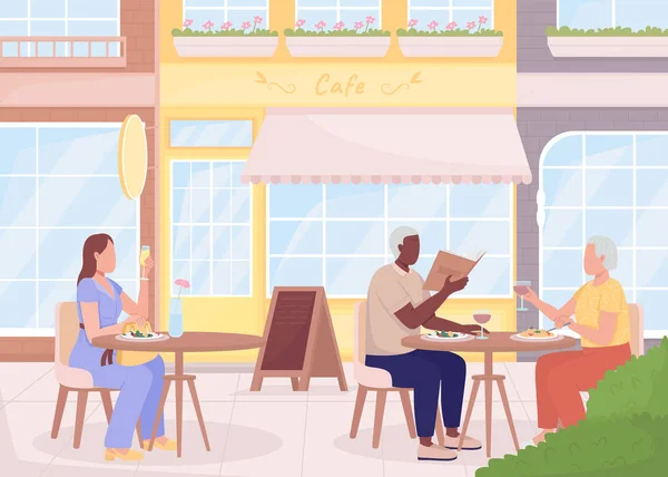 Desfrutando Bebidas Delicioso Almoço Café Ilustração Vetorial Cor Plana Estilo —  Vetores de Stock