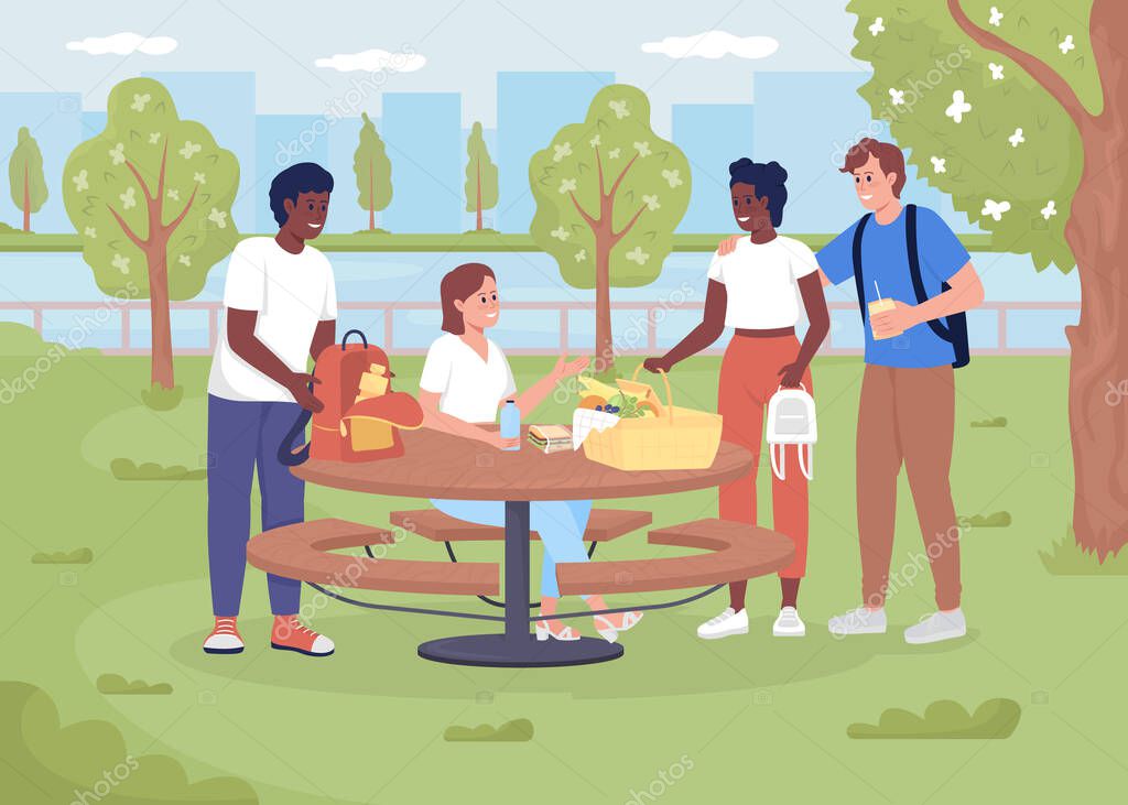 Friends meeting for picnic in park flat color vector illustration. Modern urban lifestyle. Public area with picnic table. Teenagers 2D simple cartoon characters with landscape on background