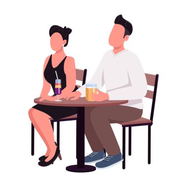 Erkek ve kadın ilk buluşmada içkinin tadını çıkarıyor. Yarı düz renk vektör karakterler. Oturan figürler. Beyazın üstüne tüm vücudu olan insanlar. Web grafik tasarımı ve animasyonu için basit çizgi film stili çizimi