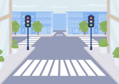 Yaya geçişi düz renk vektör çizimi. Modern şehir yaşam tarzı. Halka açık. Yayalar için ideal bir yer. Yaya geçidi 2D basit karikatür şehir manzarası üzerinde binalar