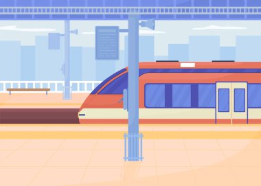 Tren istasyonu platformu düz renk vektör çizimi. Modern şehir yaşam tarzı. Halka açık. Demiryolu gezisi. Tatile çıkıyorum. Hafta sonu seyahati. Arka planda binaları olan 2D basit karikatür şehir manzarası.