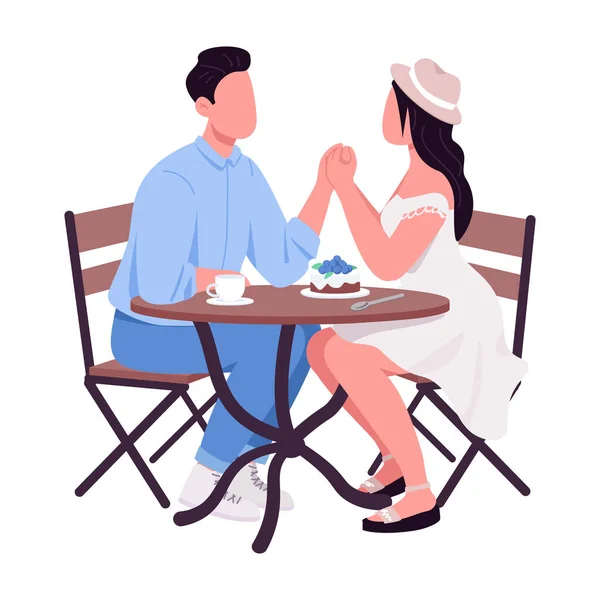 恋にカップルが手を半フラットカラーベクトル文字を保持 座ってる 白人の全身人 コーヒーデートウェブグラフィックデザインやアニメーションのためのシンプルな漫画スタイルのイラスト — ストックベクタ
