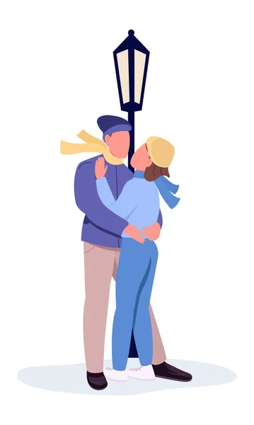 情侣们拥抱着灯笼下的半平色矢量人物 拥抱的数字 全身白皙的人用于网页平面设计和动画的冬日简单卡通画 — 图库矢量图片