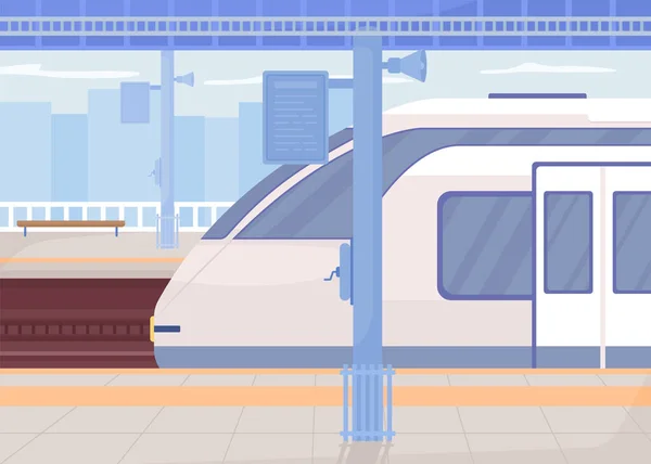 駅ホームフラットカラーベクトルイラスト 鉄道旅行 休暇で行く 週末の休暇 現代の都市生活 公共エリアビルを背景にした2Dシンプルな漫画の街並 — ストックベクタ