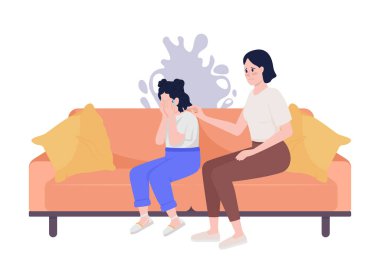 Annenin yarı düz renk vektör karakterlerini güvence altına alıyorum. Oturan bir figür. Beyazın üstüne tüm vücudu olan insanlar. Ağlayan ve korkmuş kız web grafik tasarımı ve animasyonu için basit bir çizgi film çizimi