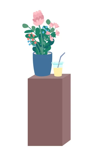 Ξύλινο Κομοδίνο Λουλούδια Και Χυμό Πάνω Από Ημιδιάφανο Διανυσματικό Αντικείμενο — Διανυσματικό Αρχείο