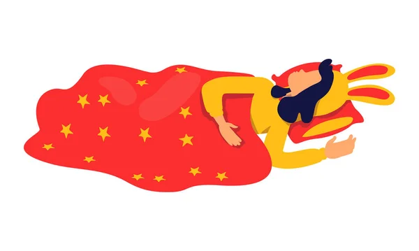 Μικρό Κορίτσι Κοιμάται Κάτω Από Αστέρι Ρίξει Κουβέρτα Ημι Επίπεδη — Διανυσματικό Αρχείο