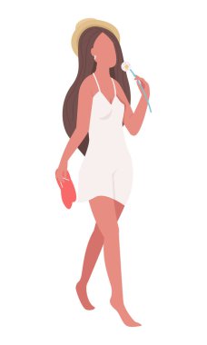 Yalınayak yürüyen ve yaz çiçeğinin yarı düz renk vektör karakterinin tadını çıkaran bir kız. Poz figürü. Beyazın üzerinde tam vücut insan. Web grafik tasarımı ve animasyonu için basit çizgi film stili çizimi