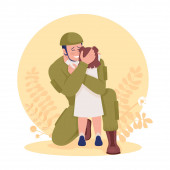 Soldat umarmt seine Tochter. Glücklicher Vater und Mädchen flache Charaktere auf Cartoon-Hintergrund. Familientreffen nach dem Krieg bunte Szene für Handy, Website, Präsentation