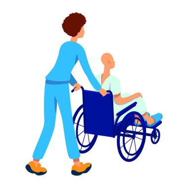 Hemşire ve kanser hastası yarı düz renk vektör karakterler. Beyazın üstüne tüm vücudu olan insanlar. Onkoloji hemşire yardımı web grafik tasarımı ve animasyonu için basit çizgi film stili çizimi