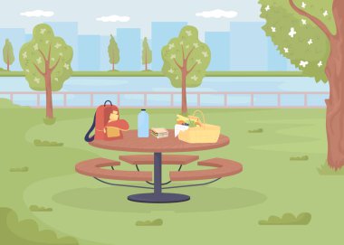 Sepetli ve sırt çantalı piknik masası düz renk vektör çizimi. Şehir çevresi. Açık mekan. Park 2D 'de piknik için yeşil alan. Arka planda şehir olan basit çizgi film manzarası.