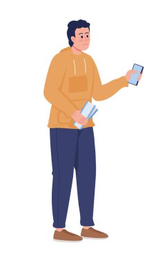 Elinde uçak bileti ve akıllı telefon yarı düz renk vektör karakteri tutan gülümseyen adam. Ayakta duran figür. Beyazın üzerinde tam vücut insan. Web grafik tasarımı ve animasyonu için basit çizgi film stili çizimi