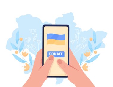 Ukrayna 2D vektör izole çizimi için online bağış yap. Ukraynalıları destekleyin. Çizgi film arka planında düz telefon. Mobil, web sitesi, sunum için renkli bir sahne. Kullanılan Bebas Neue yazı tipi