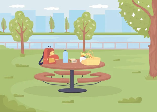 Meja Piknik Dengan Keranjang Dan Tas Ilustrasi Vektor Warna Datar - Stok Vektor