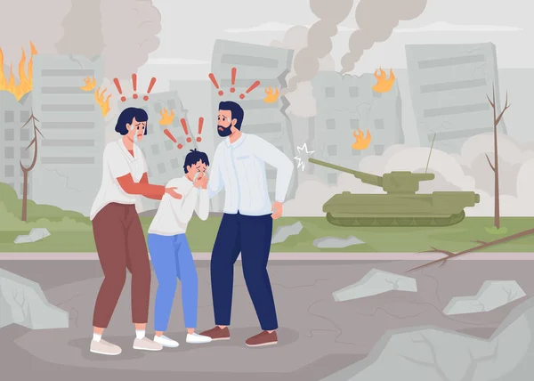恐怖的家庭在被毁的城市平面彩色矢量插图 停止战争 敌对行动的爆发 哭人的2D简单卡通人物的背景被毁的家乡 — 图库矢量图片