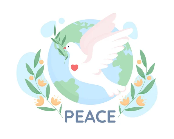 世界平和は2Dベクトルの孤立イラストを鳩 漫画の背景に調和フラットオブジェクトを象徴する鳥 モバイル ウェブサイト プレゼンテーションのための抗戦争運動カラフルなシーン クイックサンドフォント使用 — ストックベクタ