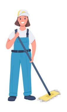 Kadın temizlik işçisi yarı düz renk vektör karakteri. Beyazın üzerinde tam vücut insan. İş yerinde cinsiyet eşitliği web grafik tasarımı ve animasyonu için basit çizgi film stili çizimi