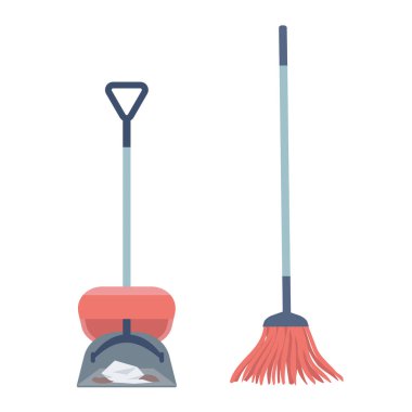 Yer süpürme yarı düz renk vektör nesnesi. Tam boy beyaz. Oda servisi mi? Temizlik malzemeleri web grafik tasarımı ve animasyonu için basit çizgi film stili çizimi