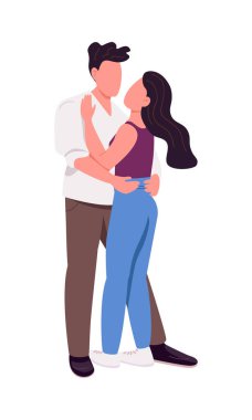 Çift, yarı düz renk vektör karakterler üzerinde çalışıyor. Poz figürleri. Beyazın üstüne tüm vücudu olan insanlar. Web grafik tasarımı ve animasyonu için aktif hobi basit çizgi film stili çizimi