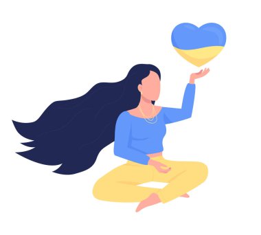 Bayan Hope 'a yarı düz renk vektör karakteri veriyor. Oturan bir figür. Beyazın üzerinde tam vücut insan. Ukrayna için barış ve özgürlük web grafik tasarımı ve animasyonu için basit çizgi film stili illüstrasyonu