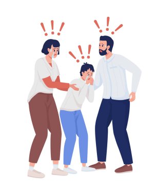 Yarı düz renk vektör karakterli insanlar. Ayakta duran figürler. Beyazın üstüne tüm vücudu olan insanlar. Aile tehlikede web grafik tasarımı ve animasyonu için basit çizgi film stili çizimi
