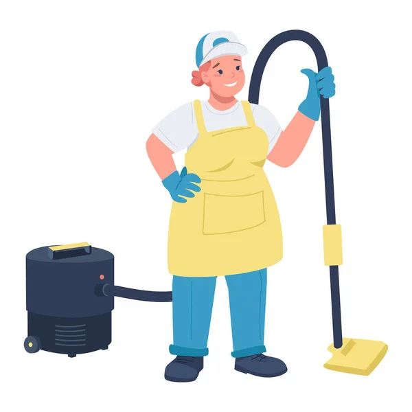 Female Worker Vacuum Cleaner Semi Flat Color Vector Character Full — Stock Vector