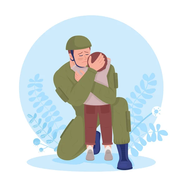 Soldado Abrazando Hijo Separar Vector Ilustración Aislada Militante Guerra Personajes — Vector de stock