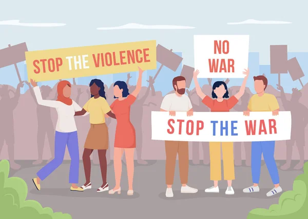 Protesting War Flat Color Vector Illustration Stop Violence War People — Stock Vector