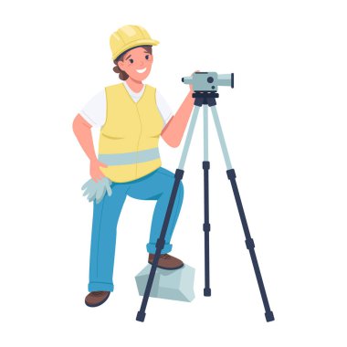 Video kamerası yarı düz renk vektör karakteri olan kadın inşaat işçisi. Beyazın üzerinde tam vücut insan. Web grafik tasarımı ve animasyonu için basit cinsiyet eşitliği çizgi film stili çizimi