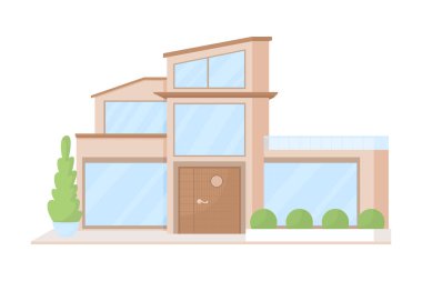 Yeşil tarlalı lüks villa yarı düz renk vektör nesnesi. Çağdaş malikane. Tam boy beyaz. Web grafik tasarımı ve animasyonu için modern ev basit çizgi film stili çizimi