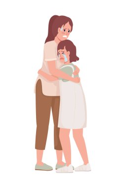 Korkak anne ve kız yarı düz renk vektör karakterler. Ayakta duran figürler. Beyazın üstüne tüm vücudu olan insanlar. Ağlayan, korkmuş aile çizgi film stili çizimi web grafik tasarımı ve animasyonu için
