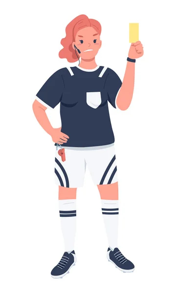 Weibliche Fußballschiedsrichterin Halb Flache Farbvektorcharakter Posing Figur Ganzkörpermensch Auf Weiß — Stockvektor